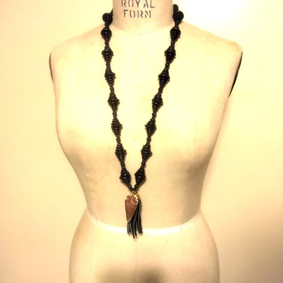 Iris Apfel & Bajalia Black Wood Disk Tassel & Arrowhead Statement Necklace